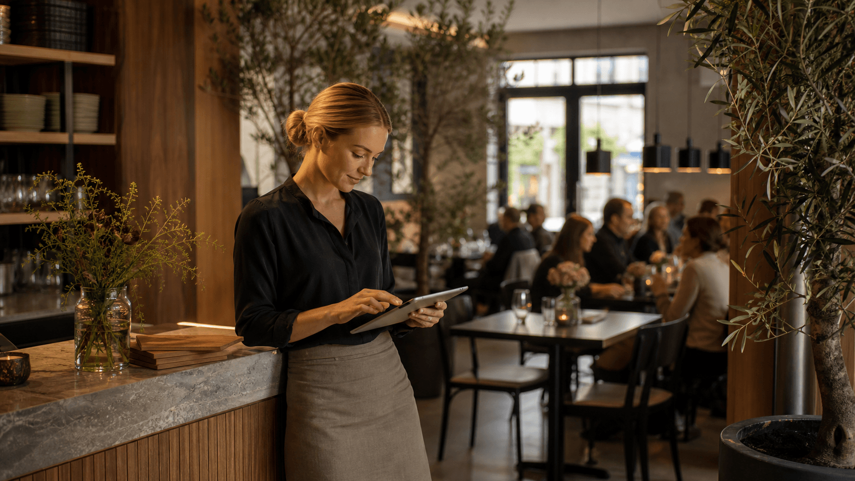 Restaurantvert ser over bookinger på et nettbrett